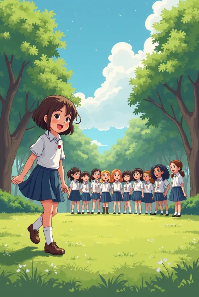 CARTOON SMART SCHOOLGIRL CATCHING GROUP SINGING ON LAWN