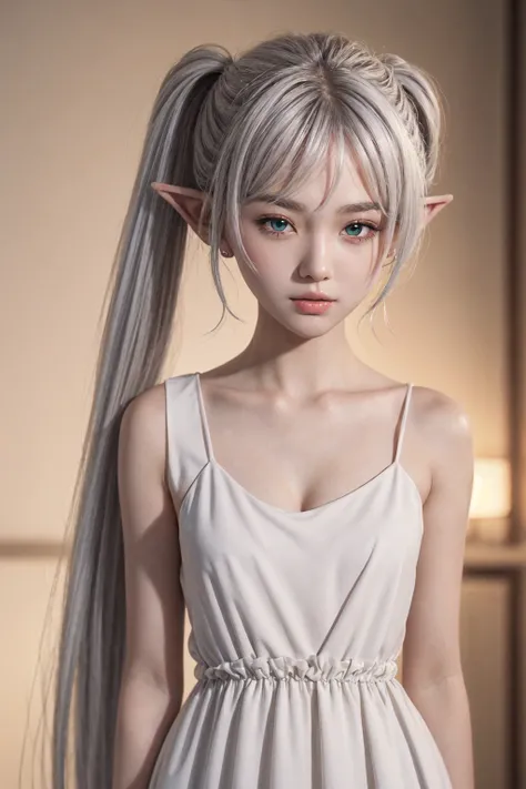 1girl,solo,elf,white hair,grey hair,earrisleeveless dress,white dress,sleeveless dress,bare shoulders,collarbone,ngs,pointy ears,long hair,ponytail,green eyes,twintails,parted bangs,thick eyebrows,nsfw,small breasts,cleavage,nsfw, 20yo,Young female,Beautif...