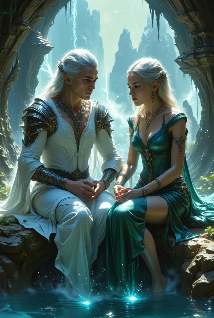 A 25-year-old elf young man with pale skin, muscular, cold blue eyes, long, silvery-white hair, long middle back, smooth, braided on both sides of their heads, thick black eyebrows, He is wearing a silver tiara on his head, and is dressed in light white el...