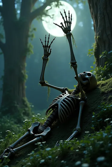 a skeleton lying in a forgotten forest and overgrown with grass, looks at the moonlit sky and reaches out to the moon