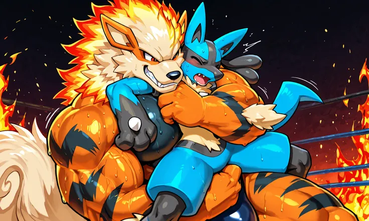 giant arcanine wrestler, small feral lucario, wresling, submission hold, [arcanine:carrying person, head lock from side, arm around head, heavy weight bulky fat, giant plump muscular body, thick arms, big pectoral muscles, venis popping, evil grin, looking...