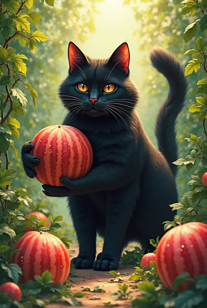 Black fat cat standing in the watermelon plants garden taking harvesting some watermelons