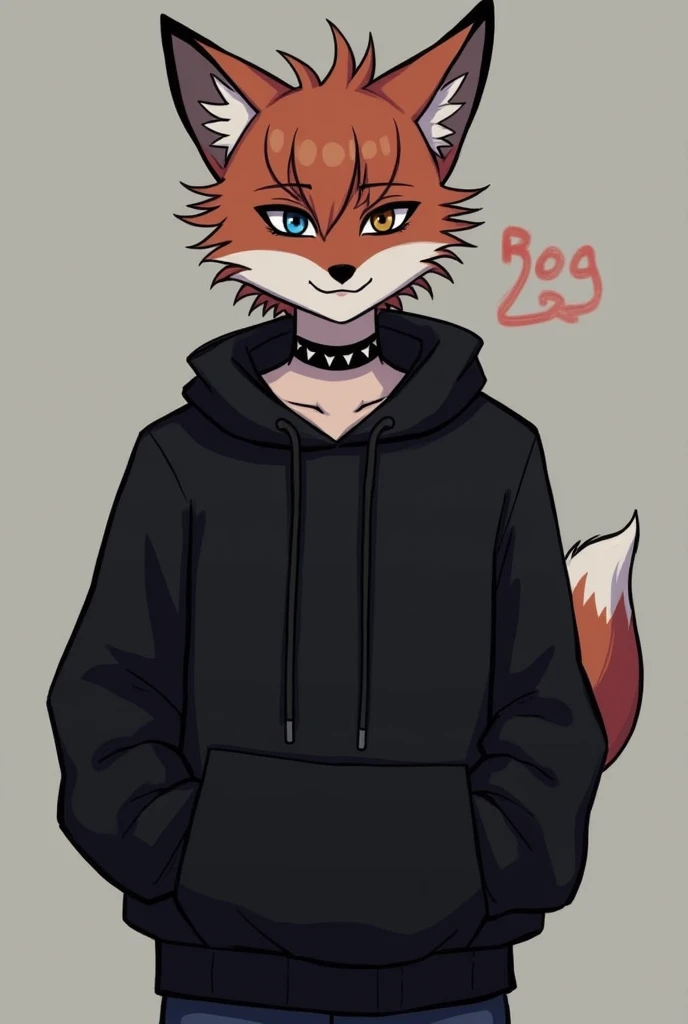 Make her boyfriend Foxy *Foxy, he was wearing a black sweatshirt and dark jeans, Foxy was wearing an Emo style collar with thorns, his hair was kind of messy and cool Emo boy style, Foxy's eyes were black with one of the pupils being blue and the other whi...