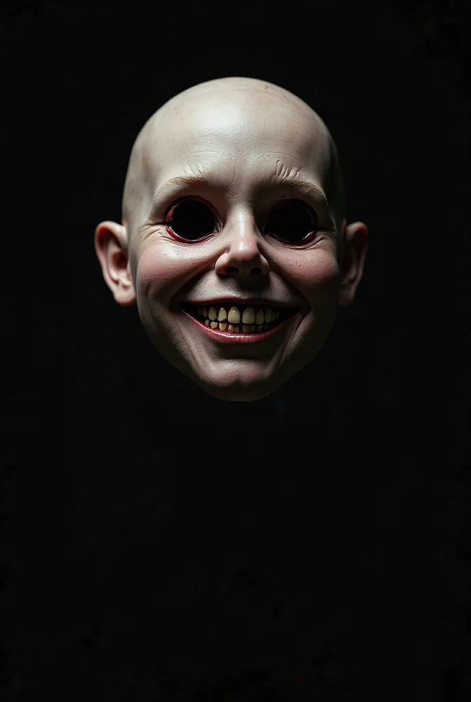 A severed head smiling very frightened without eyes on a black background