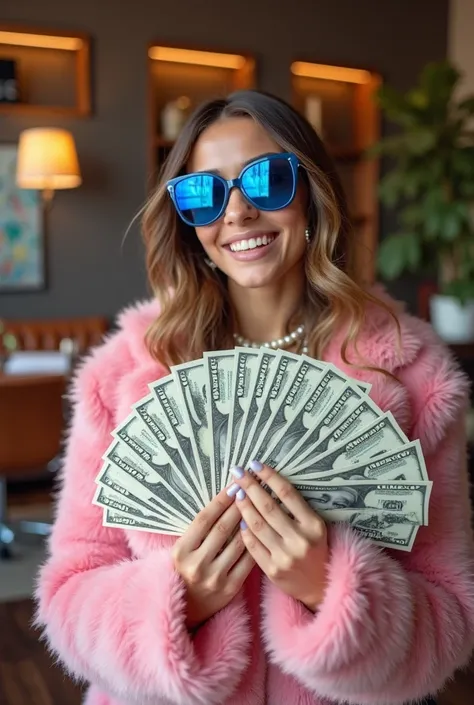 "A stylish young woman with brown hair, wearing oversized blue sunglasses, a fluffy pink fur coat, and bold accessories, including pearl necklace. She holds a large fan of U.S. $100 bills in both hands, smiling confidently.  The background is a cozy, well-...