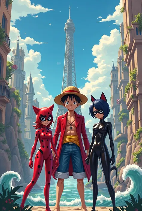 Ladybug and cat noir with monkey d luffy