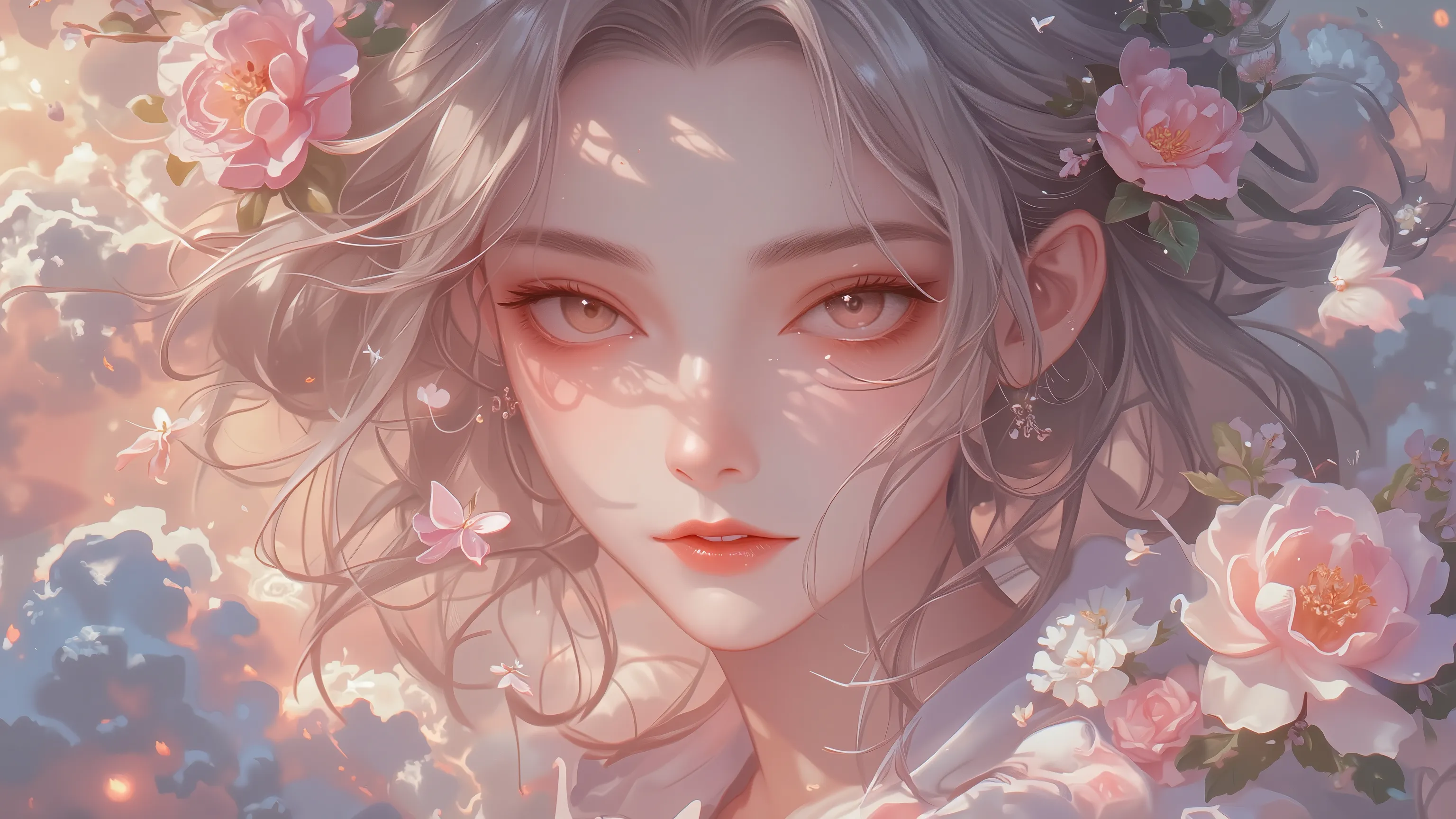 ((highest quality)),( Ultra High Resolution ),(very well detailed),( detailed description),(( best CG )),(masterpiece), Ultra Detailed Art ,AMAZING PAINTING ART,(Art with Delicate Details:1.5),  woman:1.5, beautiful well-groomed face:1.5,  Storm of Flowers...