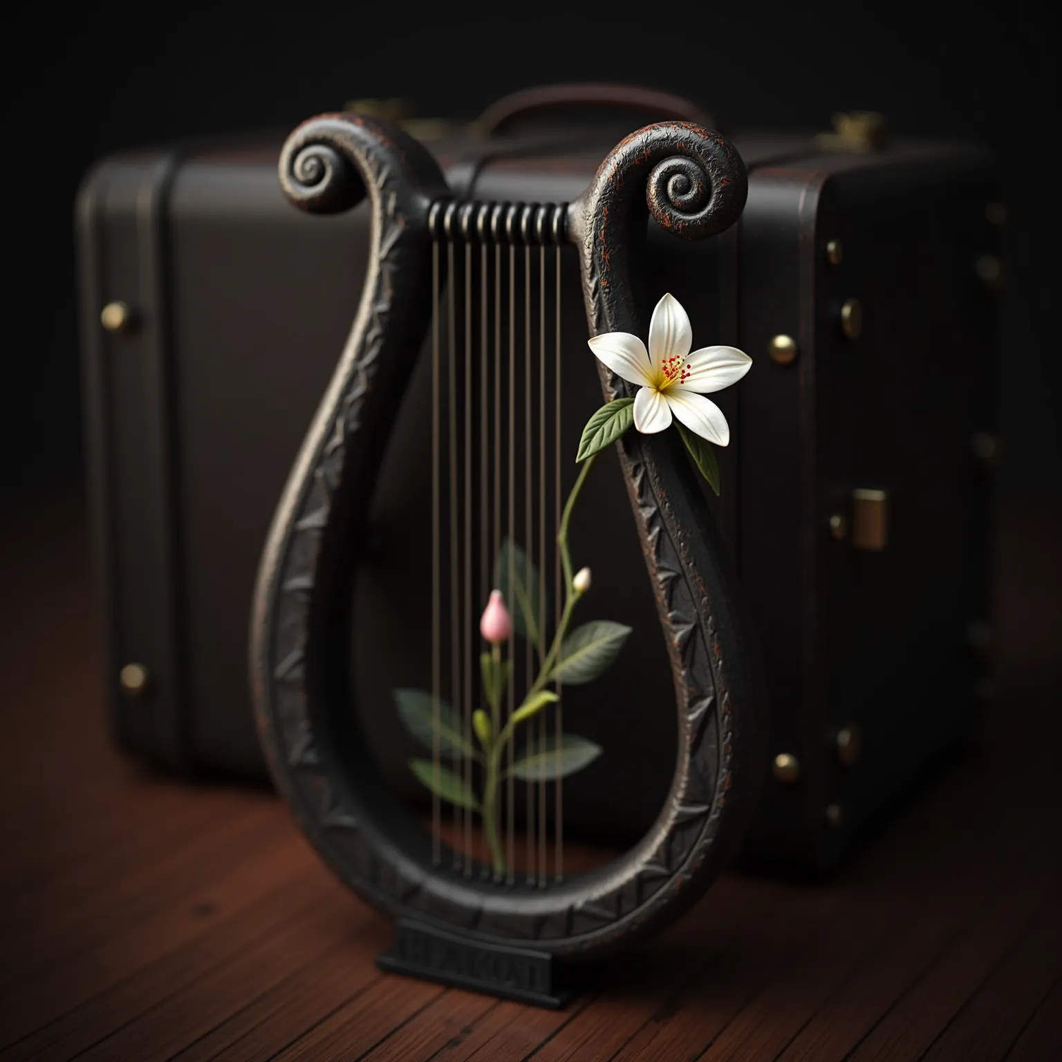 (best quality, masterpiece, 8K, photorealistic, hdr image, ultra detailed, beautiful image, perfect without errors), seven strings Unbalance shaped Lyre, made by ebony wood with White small flower has a star-like shape, with six petals stamens are visible,...