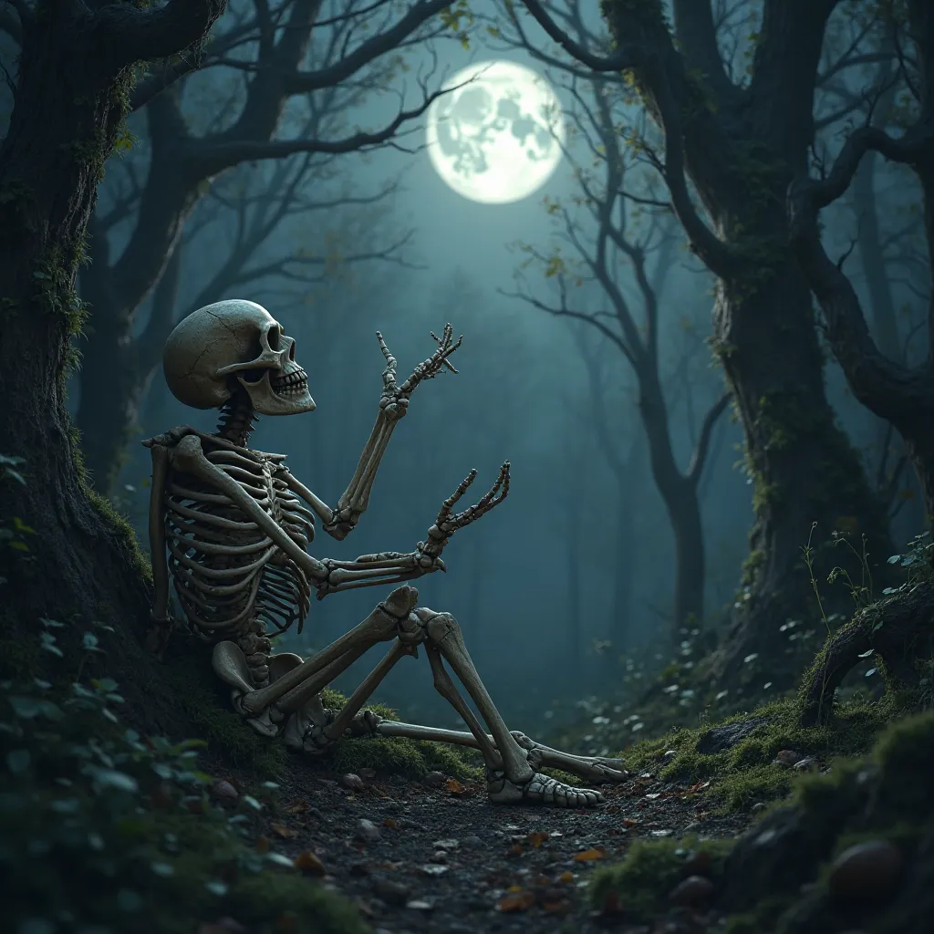 a skeleton lying in an abandoned wild forest, looks at the moonlit sky and reaches out to it