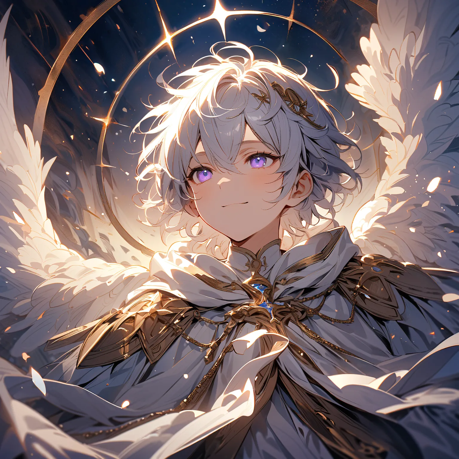  one boy、White Holy Robe 、smile、Angel Wings Growing、Blue and Purple Odd Eye、White Hair、 circle of angels in dark、Afterlight of the Cross、Pose to Reach Out、High Resolution, masterpiece, accurate