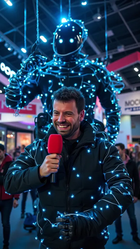 
"A handsome presenter holds a microphone with a red foam cover, fighting to free himself from an intricate network of fiber optic cables hanging from the ceiling. The cables emit a uniform blue glow and sparkle with electricity, by wrapping his arms, Tors...