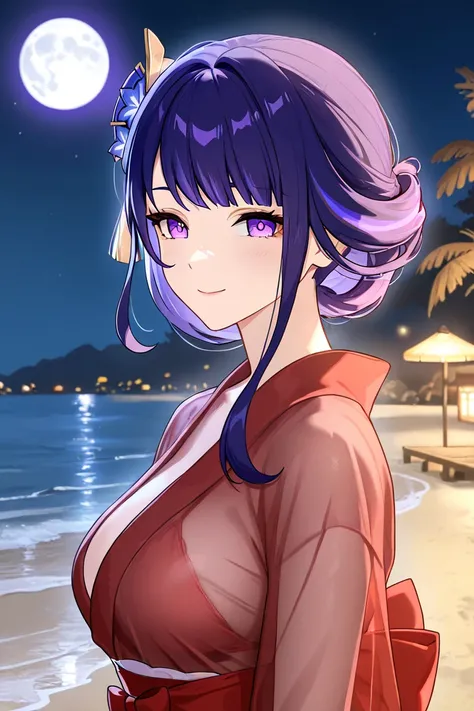 1 girl, Translucent fabric, beach, summer, smile on face, wife ,   smile on her face, 1 girl , purple eyes, kimono miko, red kimono,  kimono, night, moon🌙, genshin impact, raiden Shogun , Adult woman, wife, Different hairstyles, Beautiful hairstyles, 