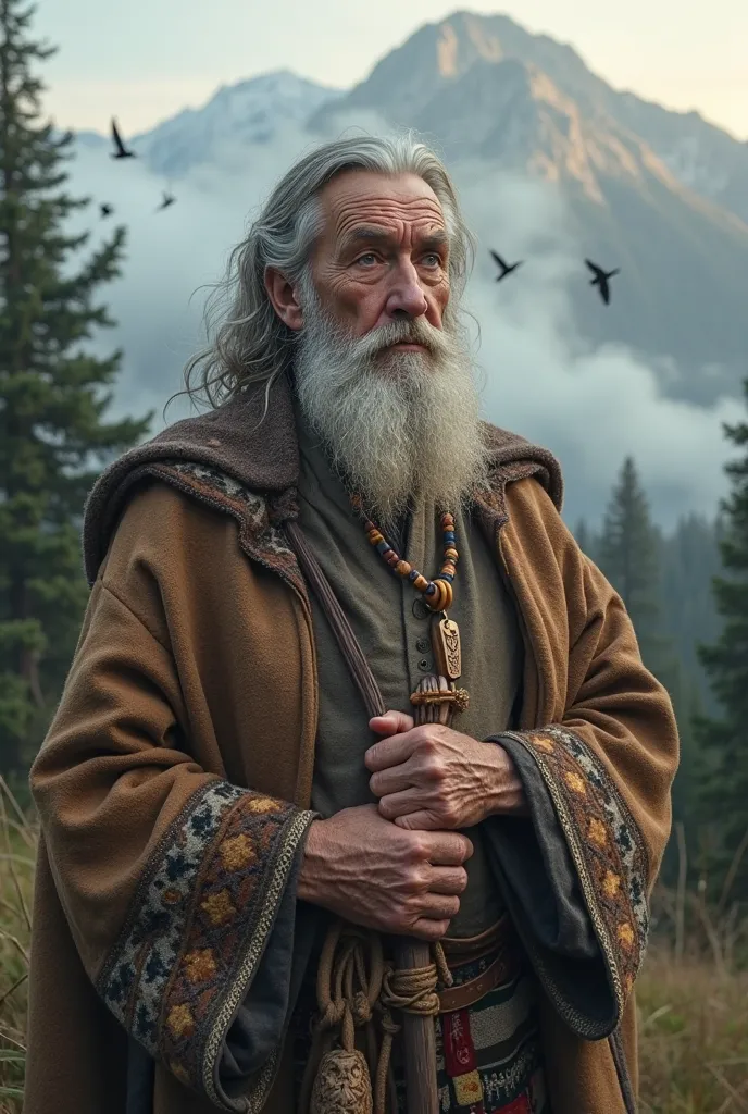 A highly detailed, photorealistic portrait of a Carpathian molfar, a wise old Ukrainian man with deep-rooted knowledge of nature and ancient traditions. Captured from the waist up, he stands outdoors in the vast Carpathian Mountains, surrounded by mist and...