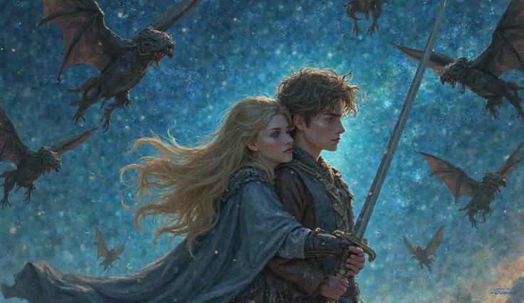  fantasy。Attacked by many flying demons、While hugging a beautiful blonde woman who cries and closes her eyes、A young man who never gives up and fights with a sword。Stars that shine like crystals at night。4K