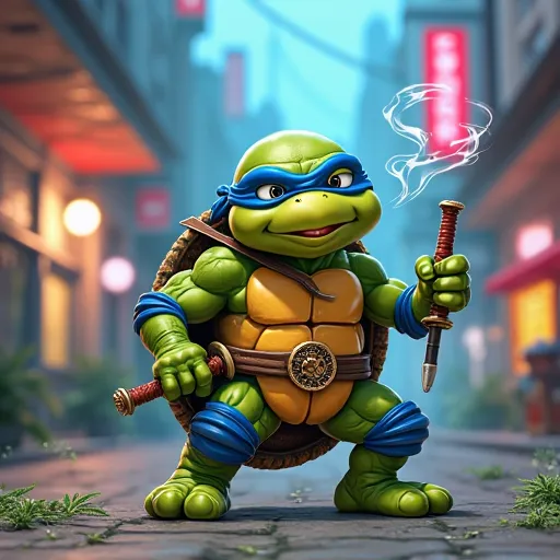 ninja turtles, smoking weed leonardo turtle with 2 katana cartoon