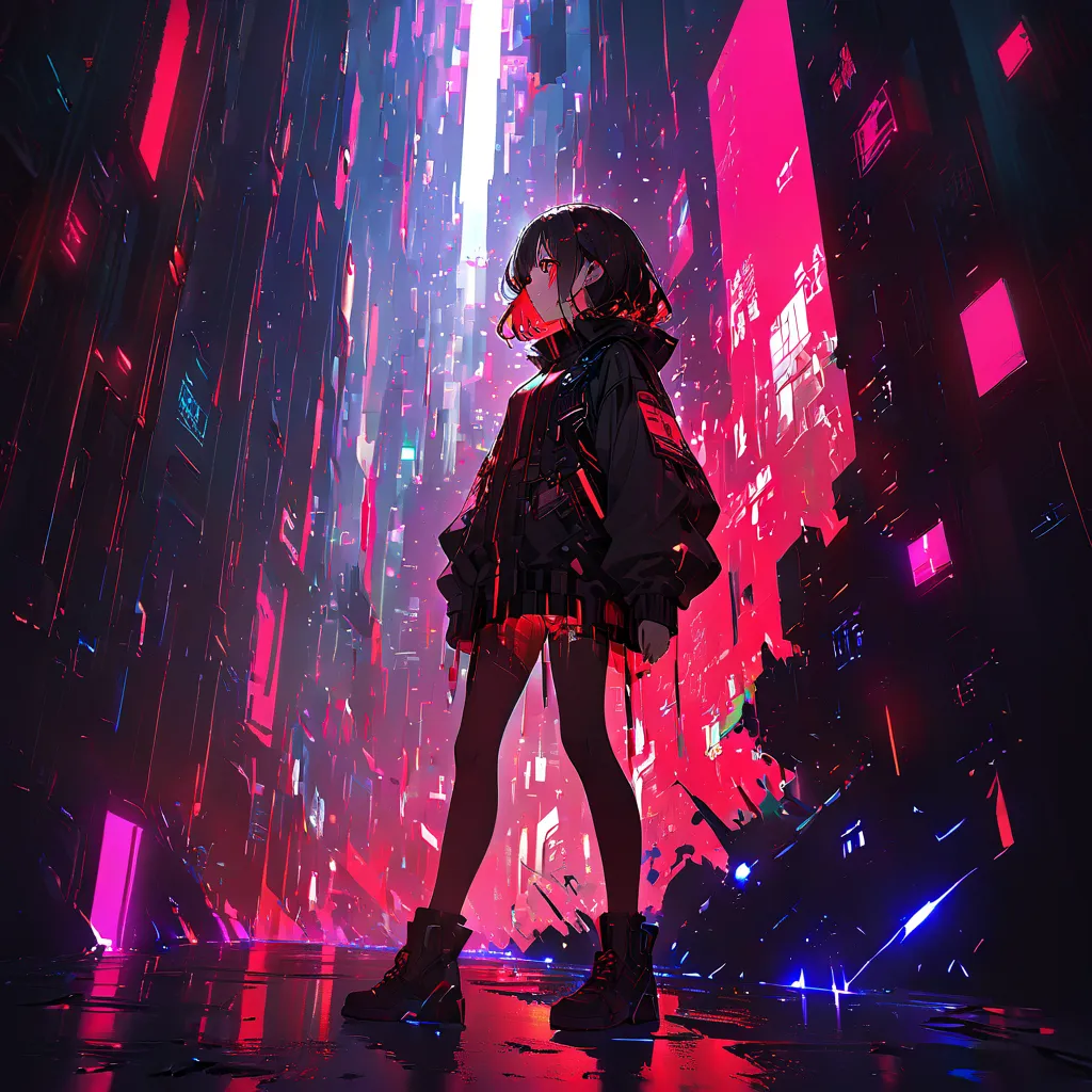 An anime-style girl with long black hair, reflecting intense neon red lights.
Glowing red eyes, possibly cybernetic, with glitch effects or signal distortion, as if malfunctioning.
Face partially fragmented into pixels, breaking into digital data, like she...