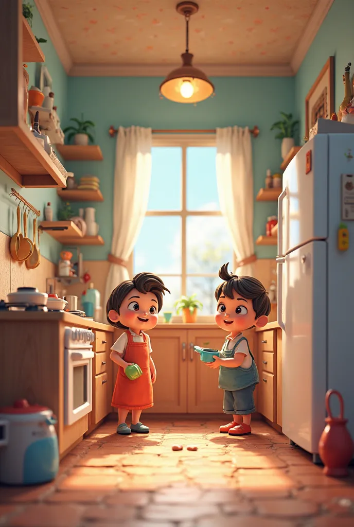 poster of a 3D cartoon in realistic style of a kitchen