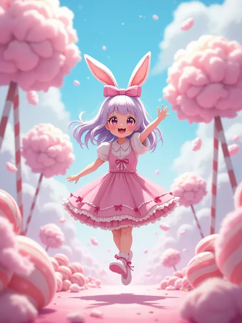 8. Magical Bunny Girl in a Candy Wonderland "A cheerful anime-style bunny girl with fluffy pink ears and a cute ribbon-adorned dress, hopping through a candy-filled wonderland. Lollipops, cotton candy clouds, and enchanted sweets float in the air around he...