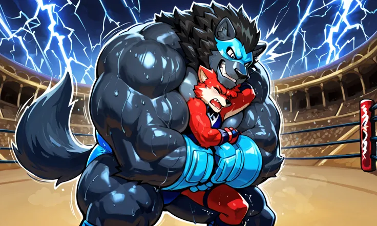 giant black lion wrestler, small hero red wolf, wresling, submission hold, [black lion wrestler:carrying person, head lock from side, arm around head, heavy weight bulky fat, giant plump muscular body, venis popping, evil grin, looking each other, spread l...