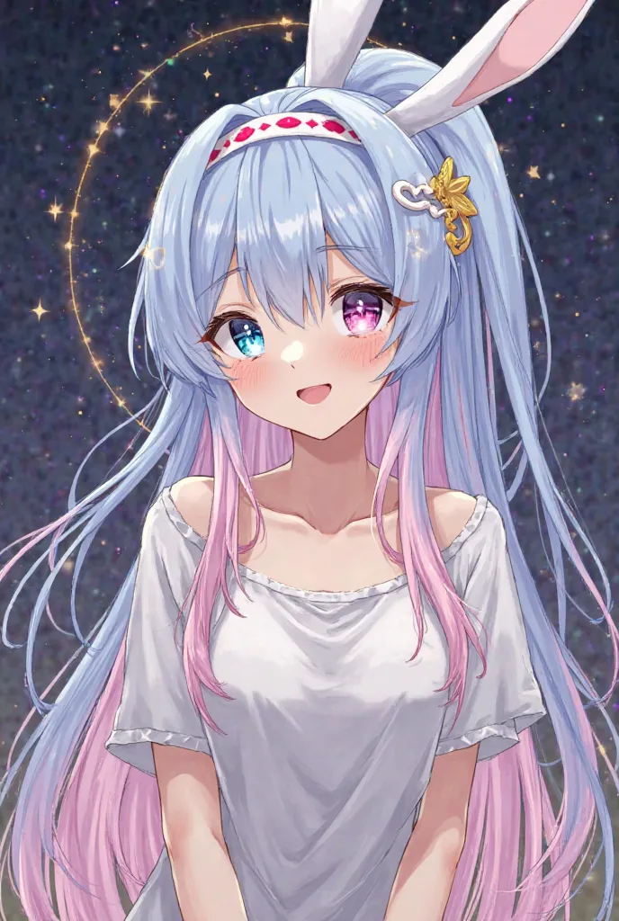 long hair, chest, looks at one woman,  blushes, smiles, blue eyes, shortcut, animal ears, headband, pink eyes with short sleeves, rabbit ears, Witch Hat, textured skin, Blue Hair/light blue hair tied at the top, ponytail, pink hair, 大きなchest, rabbit ears, ...