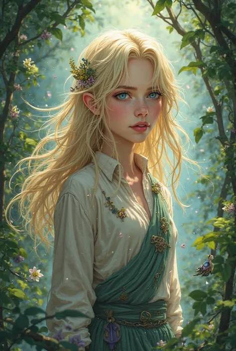 make a femboy druid with messy fluffy long blond hair and blue eyes in anime style