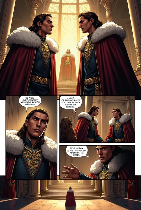 Make me a comic book with one page and in the first panel shows a two prince, then in the second panel shows that the other prince order the kingdom to not talk to his younger brother, and also in third panel shows the other prince left the kingdom