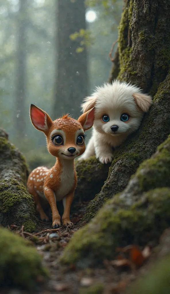 A tiny, helpless fawn with brown fur and white spots trapped between thick, twisted tree roots. Its large, frightened eyes glisten with tears as it struggles weakly. A fluffy white puppy with bright blue eyes watches with deep concern, his fur slightly dam...