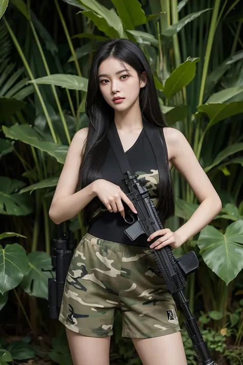 ((best quality)), ((masterpiece)), (detailed), 1girl, beautiful straight black long hair , seductive gaze ,sexy pose , standing position , camouflage pattern Singlet , camouflage shorts , jungle background , aiming a M4 rifle forward
