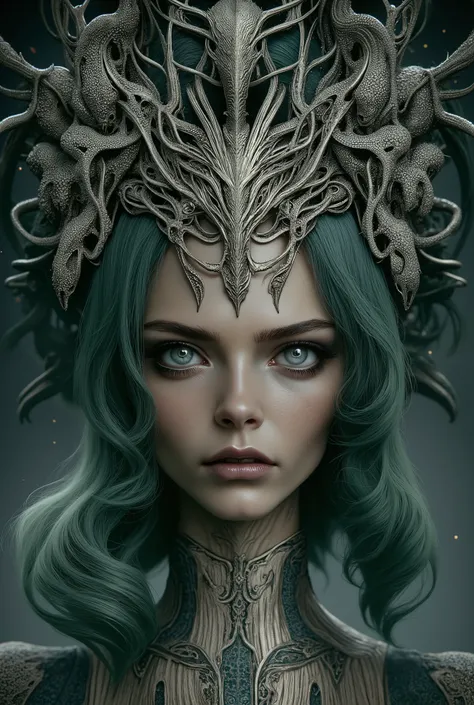 enchanting super beutiful medusa, with  snakes hairs, colour silver snakes. soft naive eyes and face. middle closes photo. 8k quality pictures. wear green purple gaun