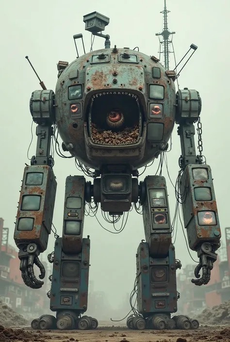 a clearly robotic creature,  of large size . His body is made of a lot of scrap and he has no legs or a head, only two huge and mechanical arms (if he wants to move, he would have to destroy himself with his arms). He has a mouth made of metallic rubble al...