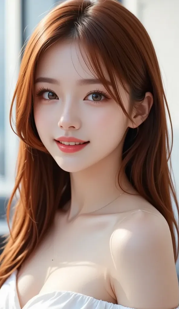 ((Forehead, beautiful girl, white background, off-shoulder clothing, shiny hair, straight long hair, full body, red hair, long hair, red straight long hair, long full hair, full body))), small breasts, slender, beautiful legs, full make-up, eyeshadow, brig...