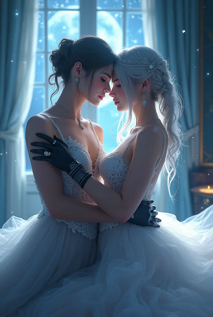 saints，Elegant and charming，having fun，Being in love，(Intricate and gorgeous sheer white dress)，black gloves，silver hair，blue eyes，see through transparent clothes，Delicate hair accessories，Transparent lace，Sky blue pattern，Dress nicely，bedroom，night，Carved...