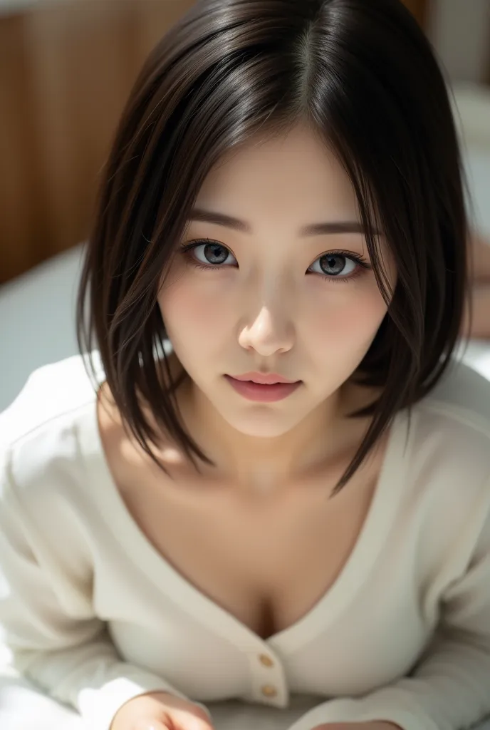 realism、Japanese Beauty Beauty Beauty Pure Skin Black Hair Straight Shortcut Hairstyle Small Face Modest Thin、The neck of the eye is accurate, attractive, and meticulous in every detail、Dark blue eyes、climax、 Excited、Weakness、 cramps、I close my eyes and ta...