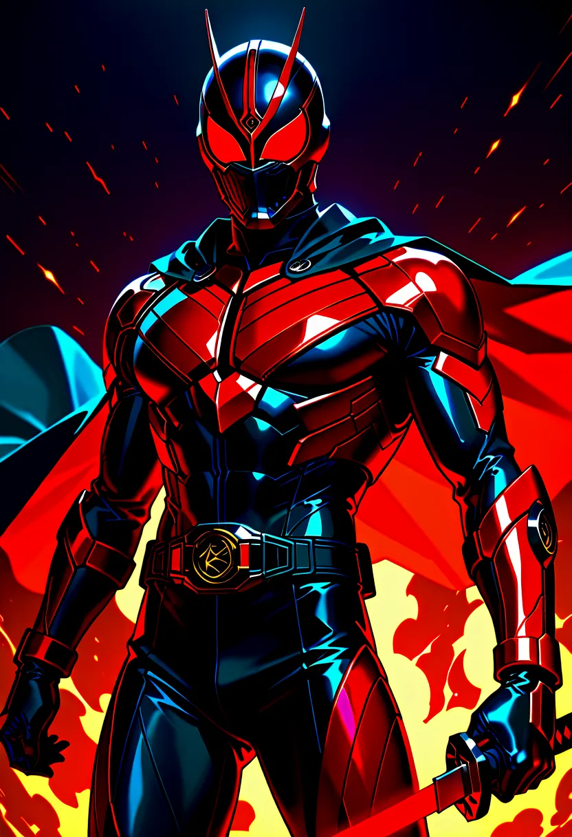 1 male, wearing a black and red armor suit of Kamen raider, red highlights, black cape, red eyes, black katana