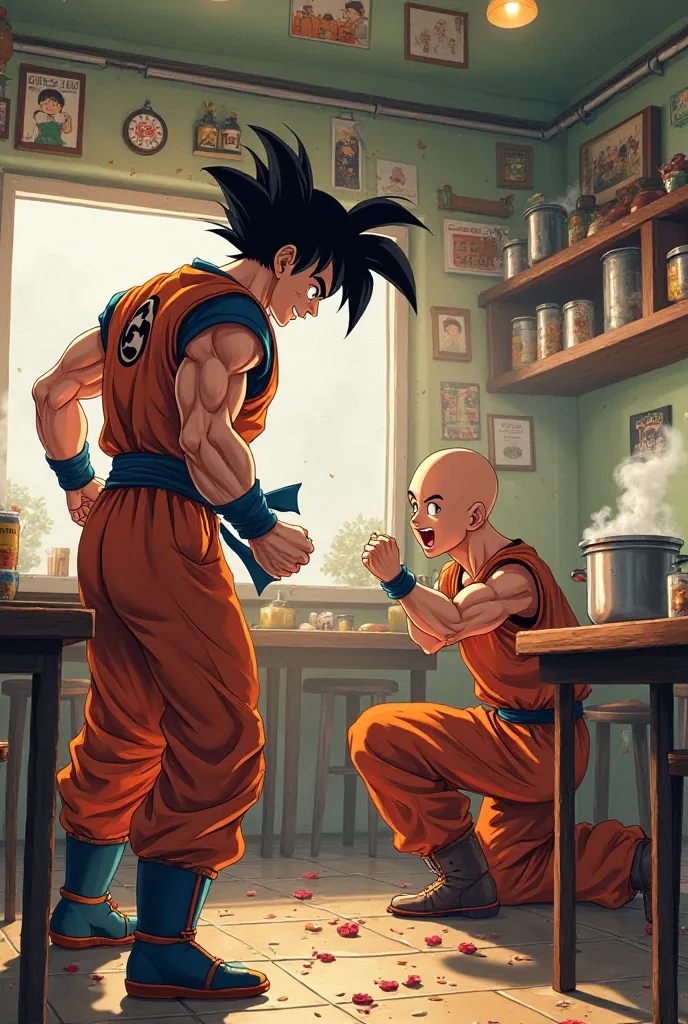 Draw me goku and saitama fighting against each other, but let them both be in their canteen and let goku saitamaya kneel down and rain