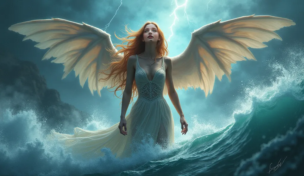 a beautiful siren with wings howling, mythological creature, portrait, sea waves crashing, stormy sky, thunder bolt, highly detailed fantasy illustration, vibrant colors, dramatic lighting, cinematic composition,photorealistic,8k,masterpiece