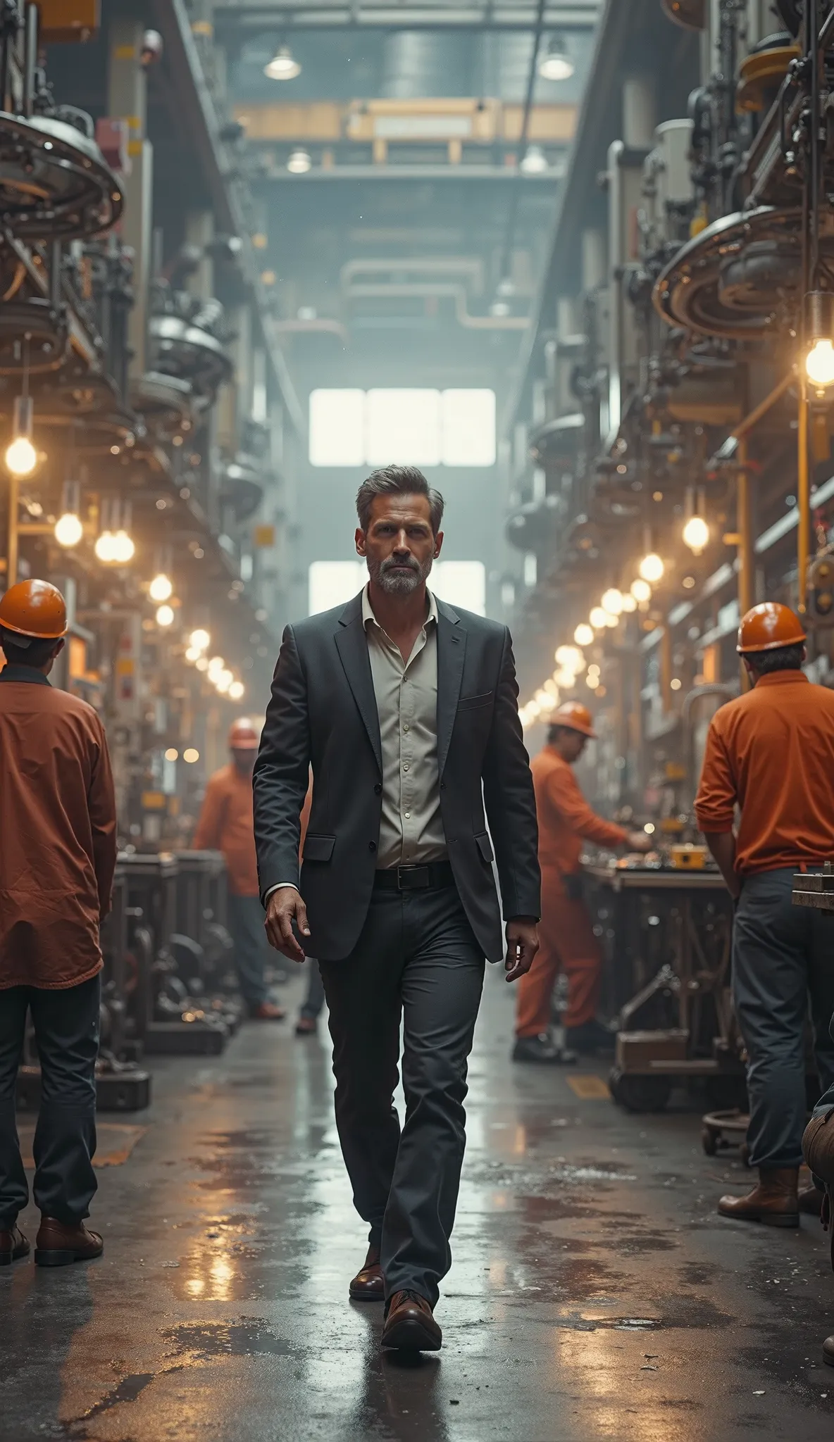 “A handsome mature man walking confidently through a factory filled with workers. The factory is busy with laborers assembling , weldingThe man is dressed in a stylish business-casual outfit