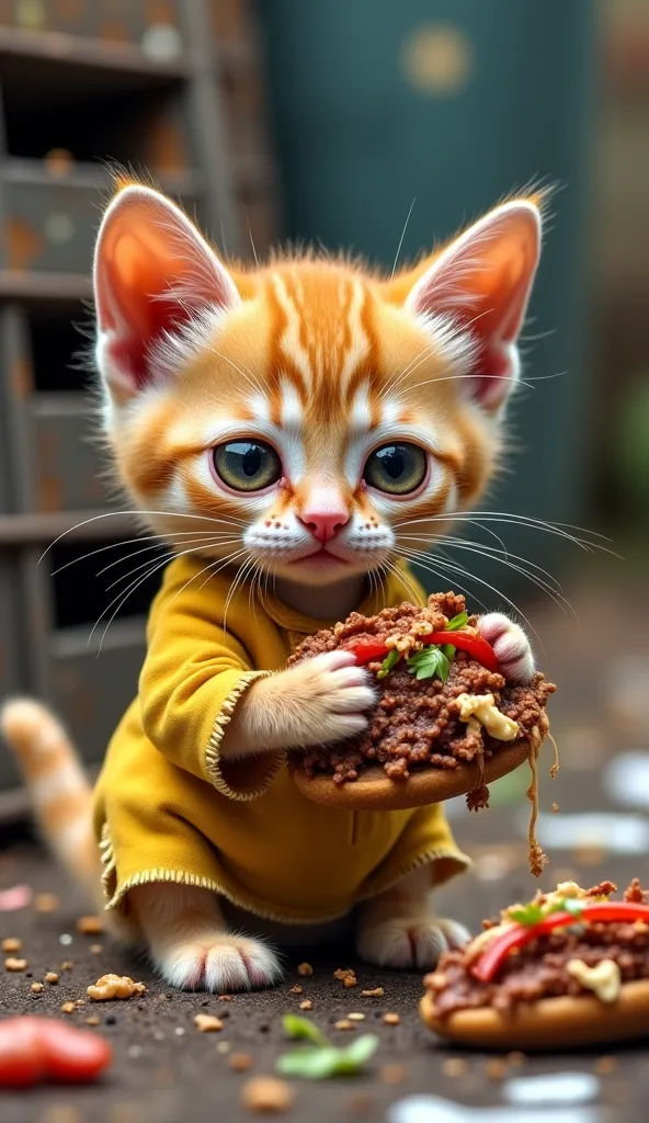 "A tiny, scruffy ginger kitten with unkempt fur, wearing a tattered yellow shirt with multiple tears and frayed edges, sits in a junkyard. His large, watery eyes look sad and hungry as he clutches a stale kebab with mold spots in his tiny paws. The kebab’s...