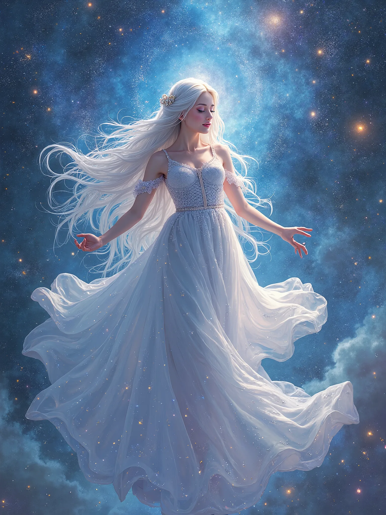 9. Celestial Goddess with a Flowing Starry Dress "A breathtaking anime-style celestial goddess with long, flowing silver hair and a dress that sparkles like the night sky. She is floating in a cosmic realm filled with glowing stars and galaxies, radiating ...