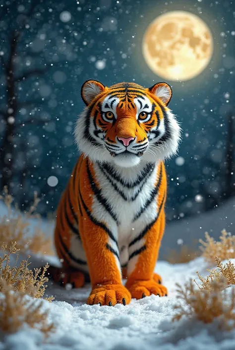 Create an image of a Bengal tiger with handmade felt texture and embroidery on a snowy background and felt grass with a bright full moon for iPhone wallpaper 