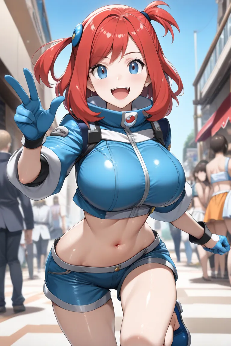 1 girl,Alone, hole
 \(Pokémon\) , \\break 
, Official Costumes, blue eyes, hair accessory, One side up, red hair, short hair、with long lock, side lock, break blue footwear, blue  gloves, blue jacket,  blue shorts ,  Bbo~, crop top, cropped jacket,  gloves,...