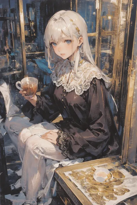  1 girl , 40 years old,   office，glass，Drinking tea，lace