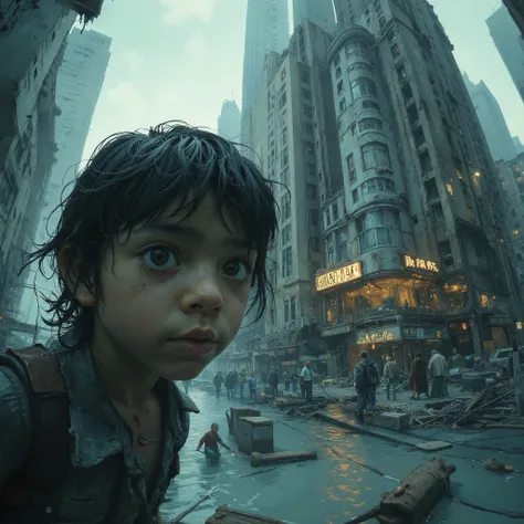 a 10 y/o caucasian boy with dark hair, looking afraid and crying tears, dressed with (poor torn clothes), he is shot close up with fish-eye wide angle at foreground on side of the frame, on the background appears the flooded streets on manhattan, (buildin...