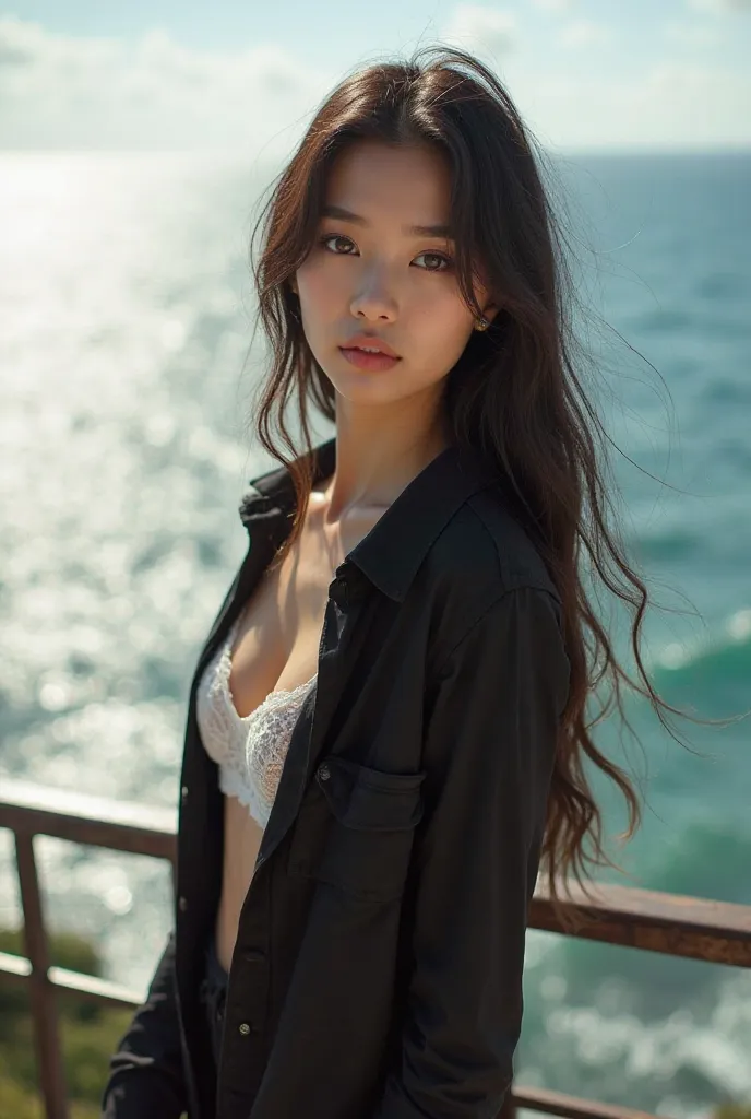 A 22 years old beautiful thai woman (beautiful thai face) long dark hair black eyes white skin thin body wearing a black thin shirt and white thin underwear. She standing on a balcony near the sea.