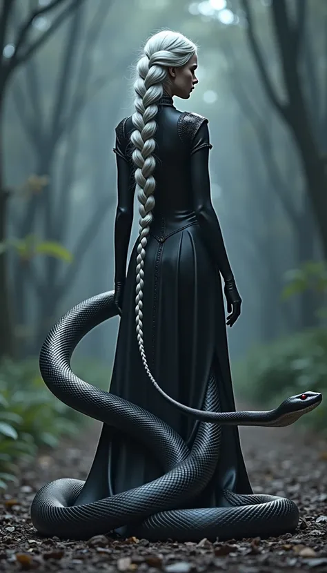  The snake's back was standing against the audience , The head was turned slightly ,  showing a glimpse of her sharp red eyes . She is long,  The silver braid draped down her back ,  in contrast to her darkness , Beautiful costume design .  and the snakes ...