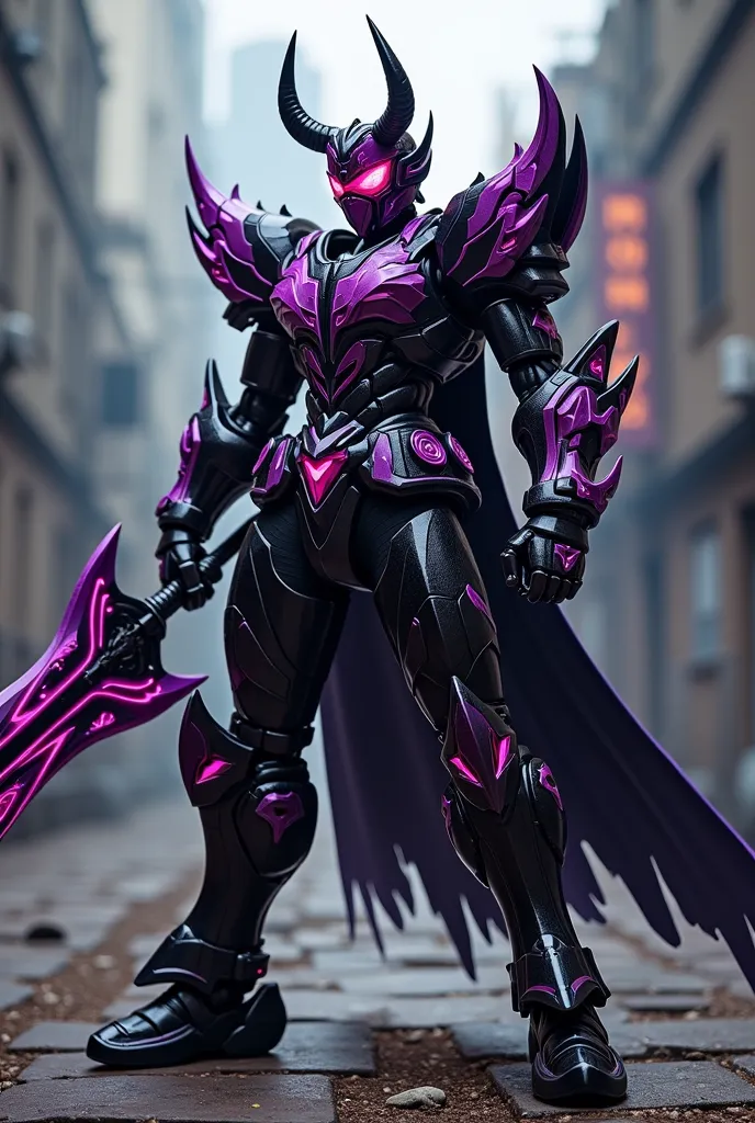 Kamen Rider Buffa Poison Rage has cool bull horns, holds a high-tech big sword, black body with dark purple pattern,cool armor.