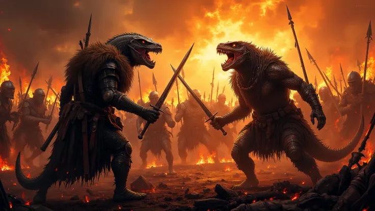 Against the backdrop of a burning sunset, Russian warriors in chainmail and fur cloaks clash fiercely with intelligent lizardmen. The warriors wield swords and spears, their faces filled with determination. The reptilian creatures have scaly skin, sharp fa...