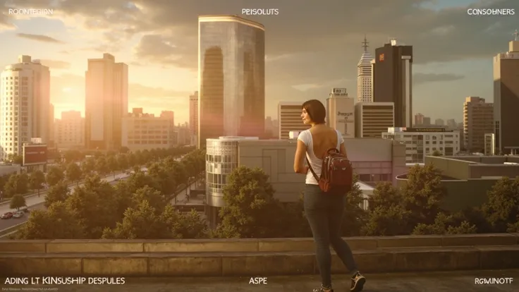  realistic photo，Girl standing on the roof ， opposite a bustling commercial district，The light and shadow are strong，Sunset， movie-level realistic scene 