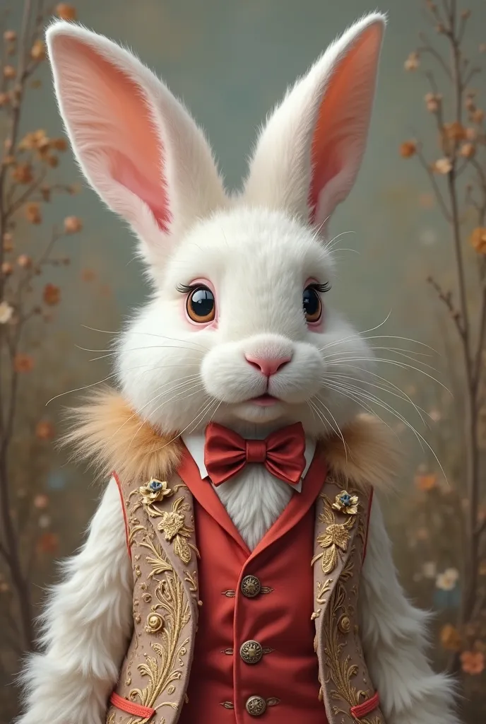 realistic portrait of Dressed animals - a (angora rabbit) performer,(Art by loish:1.2),,(cute),(happy smile:1.2), (elegant), (greeting the public), high quality,(lovely) ,(highly detailed Easter costume:1.5),classic red vest and bow tie, (happy), soft ligh...