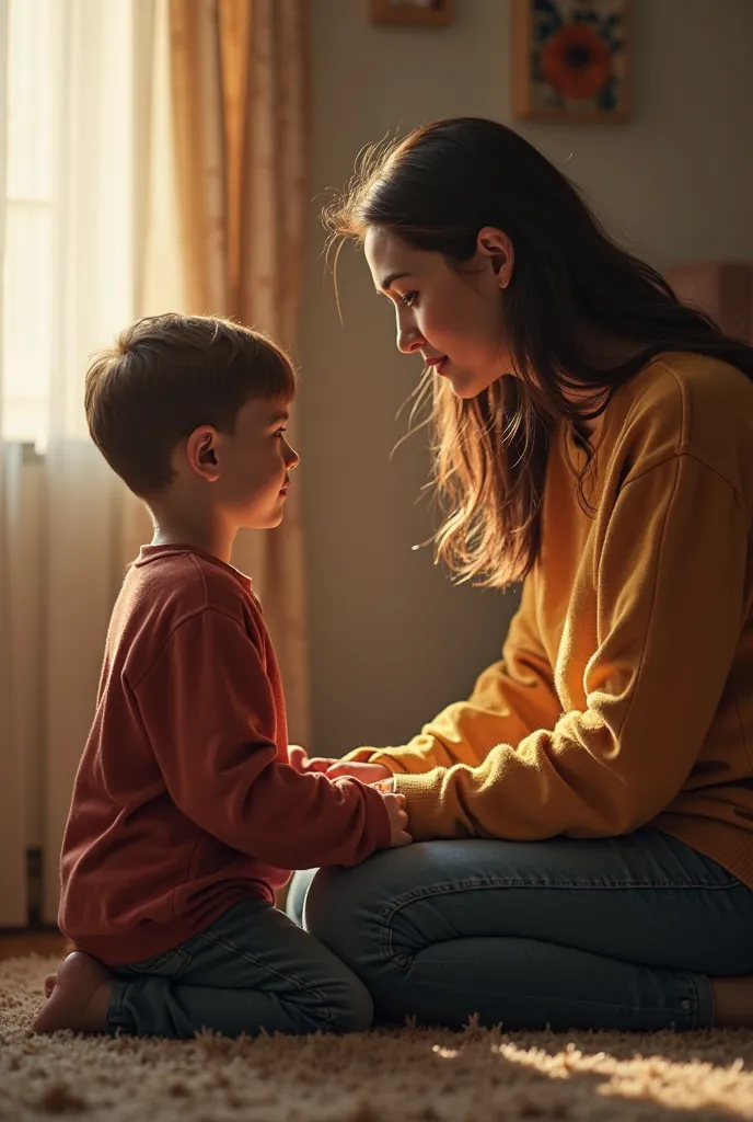 The boy is kneeling in front of his mother,detailed portrait, realistically ,фото realistically ,deep detail, high definition,rich colors, warm light , home environment,Mild atmosphere,gentle loving mother,visualization of a touching family scene,detailed ...